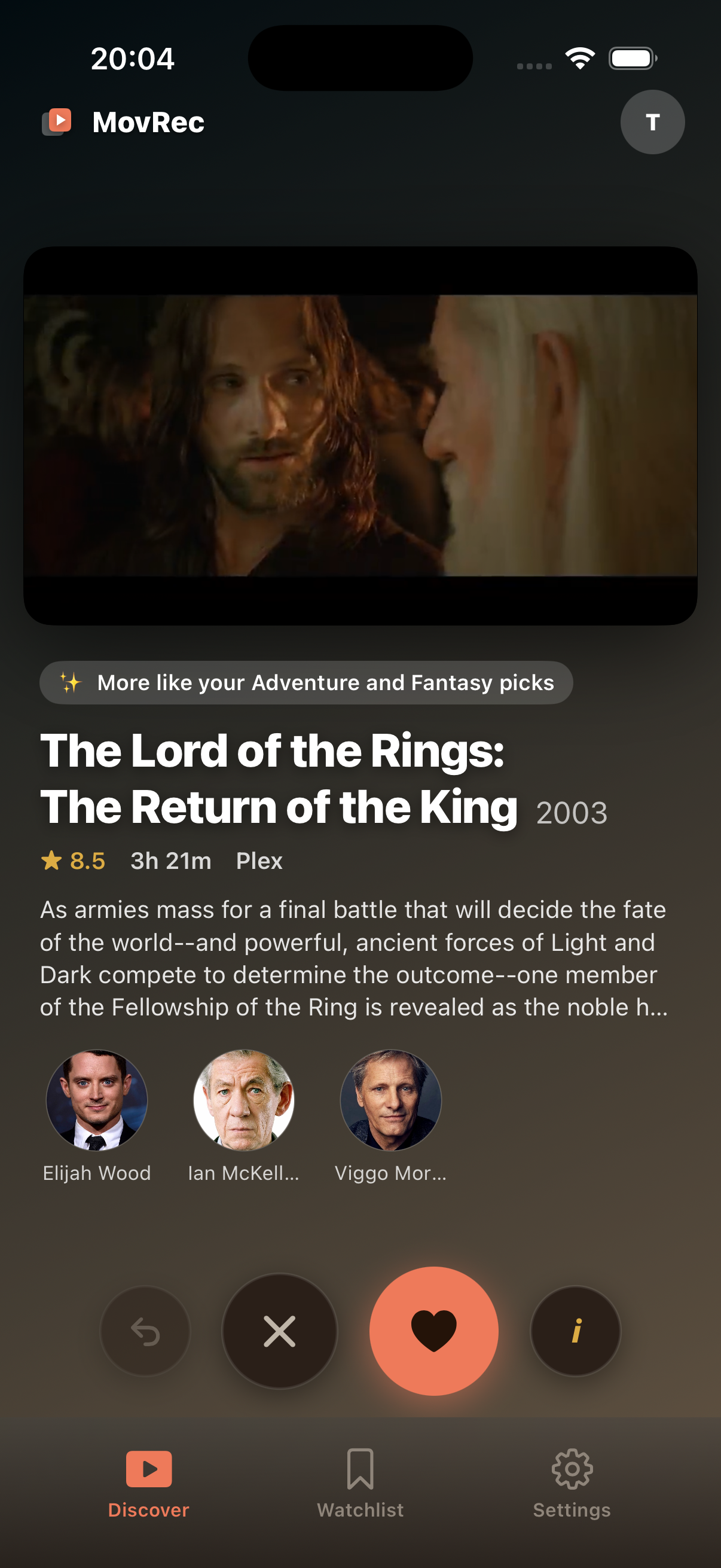 MovRec movie discovery screen
