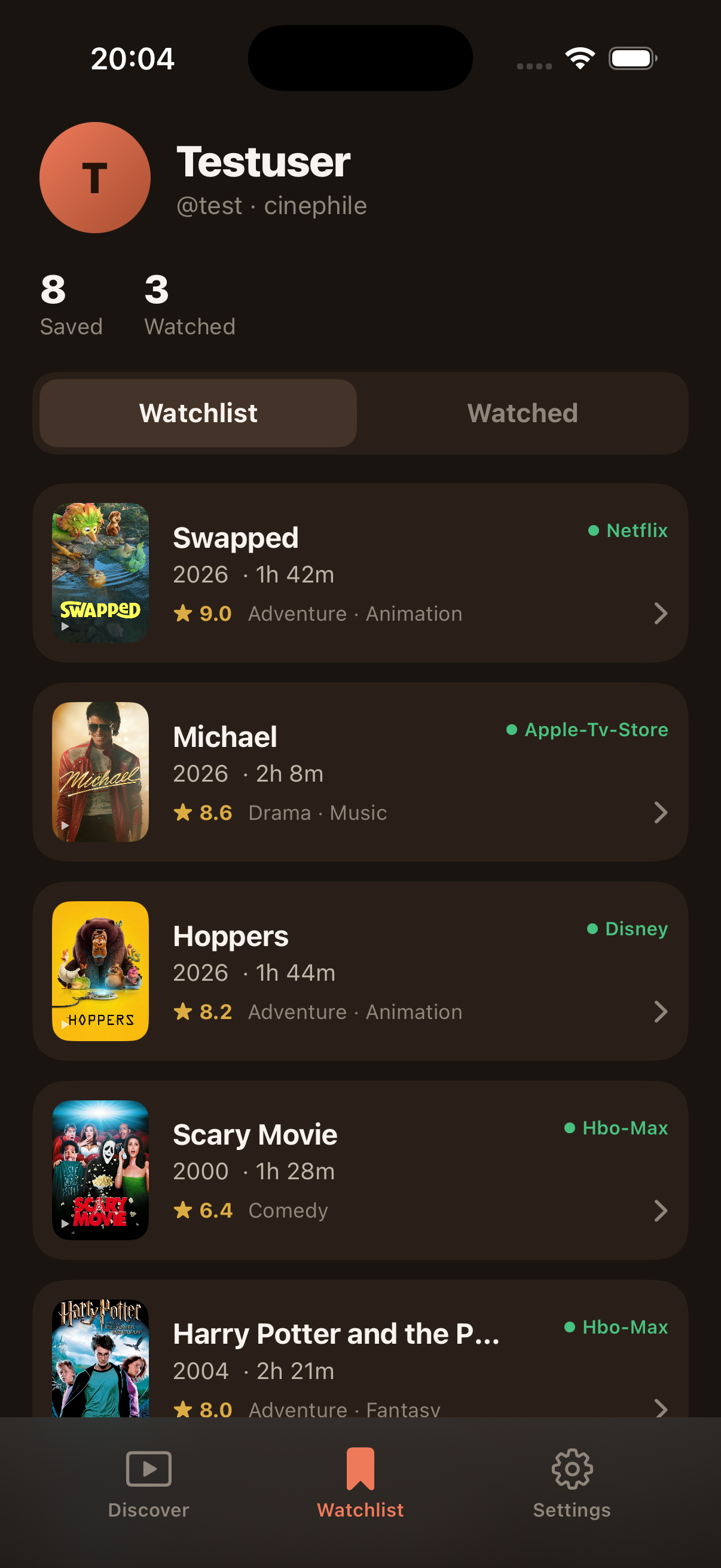 MovRec integrations settings screen